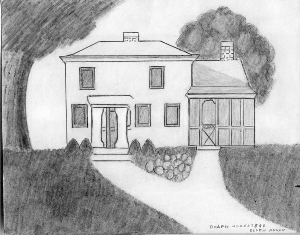 pencil drawing of a two story house, with sidewalk, grass and bushes in front