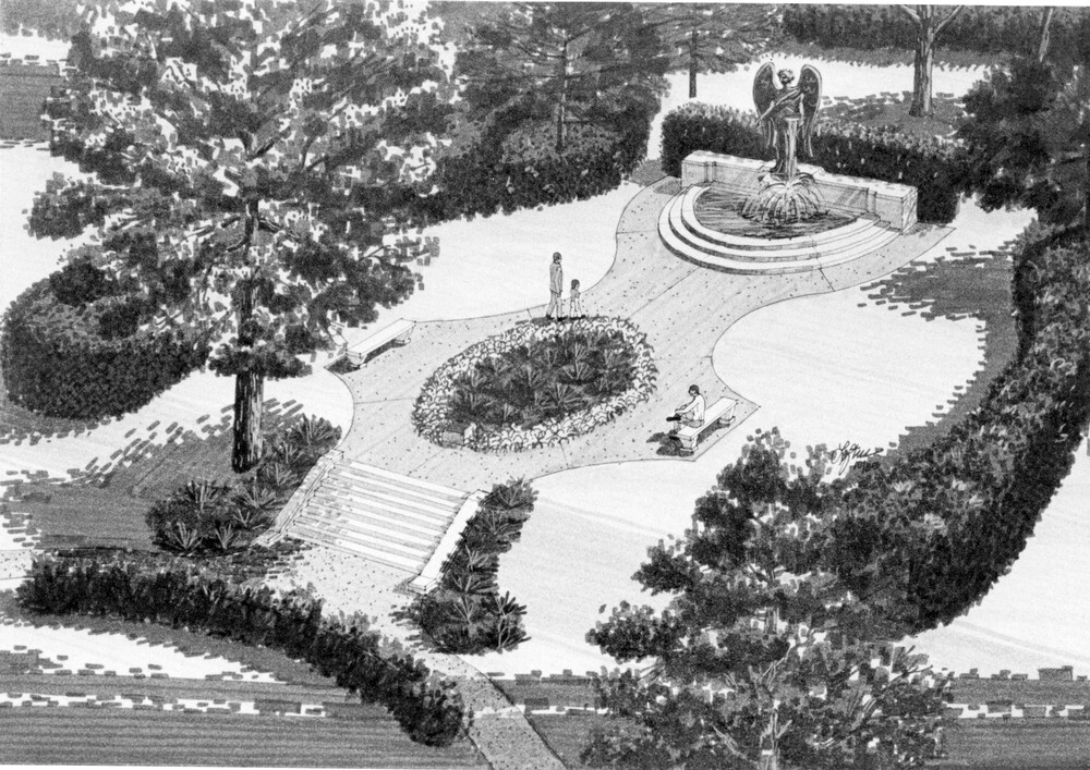 artist's rendering of park-like area around a large statue of an angel