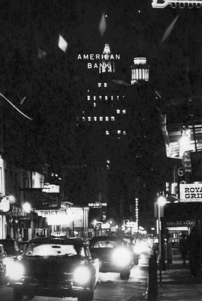 Nighttime street scene.
