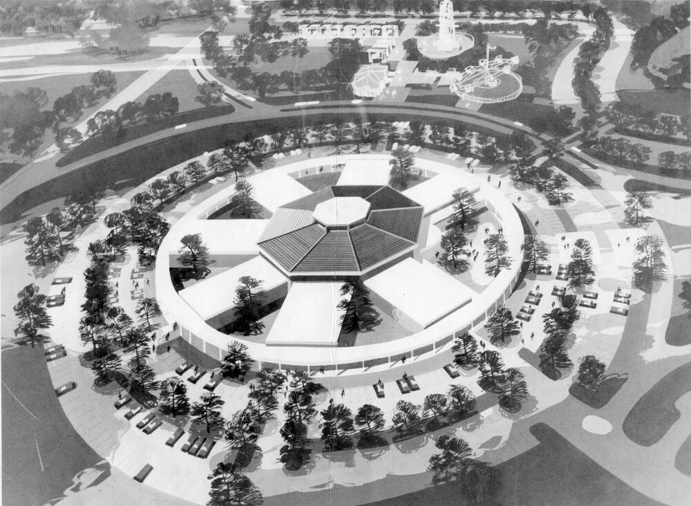 Artist's concept, aerial view, of wheel-shaped building