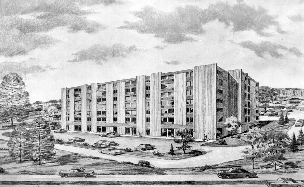 Sketch of a large apartment building.