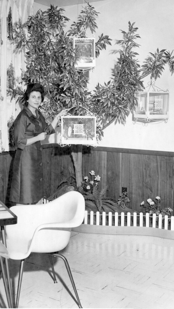 Woman standing next to a tree with a birdcage.