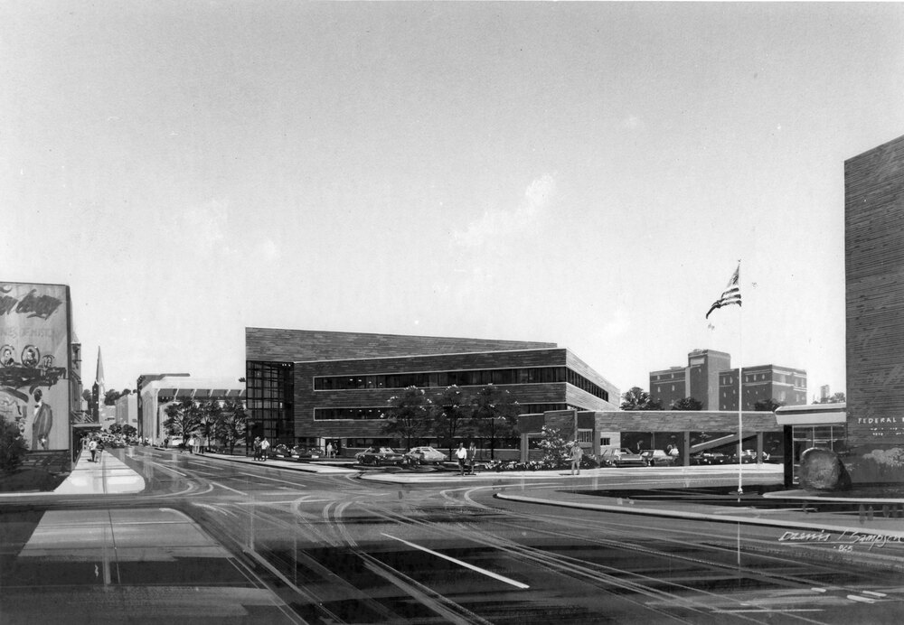 drawing of modern building surround by other city buildings, and street intersection