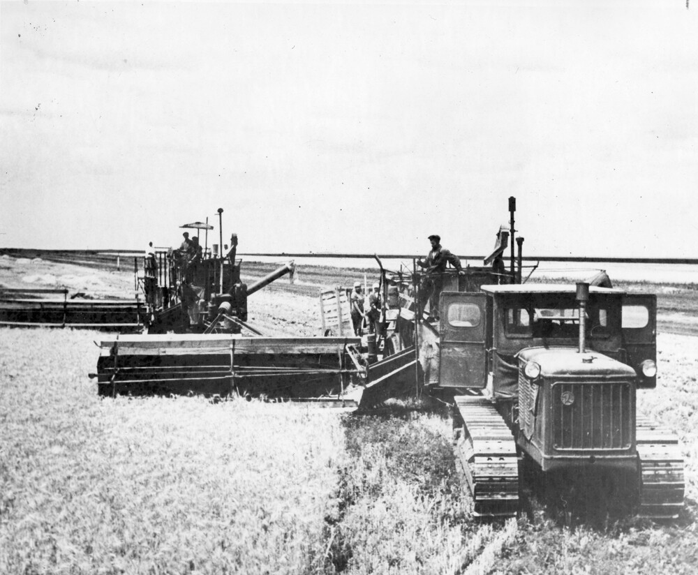 Farmers harvesting a field.