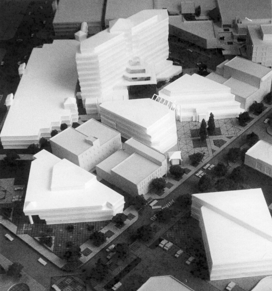 Scale model of multiple building in a city setting
