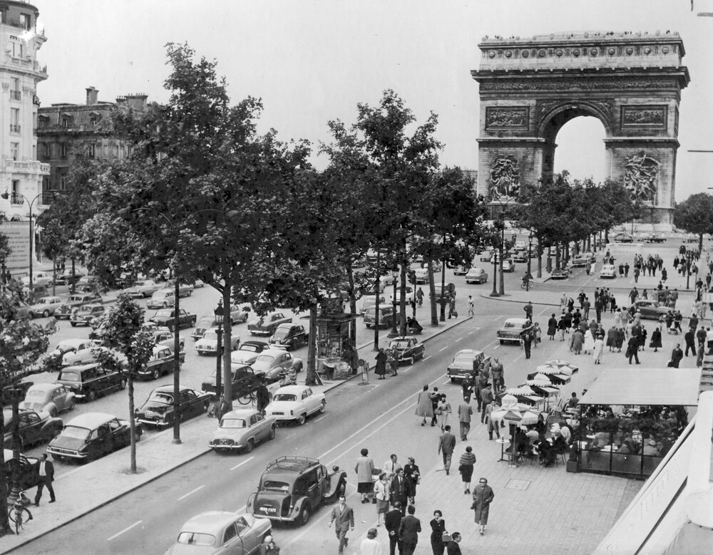 Broad tree-lined boulevard filled with pedestrians and motorists.