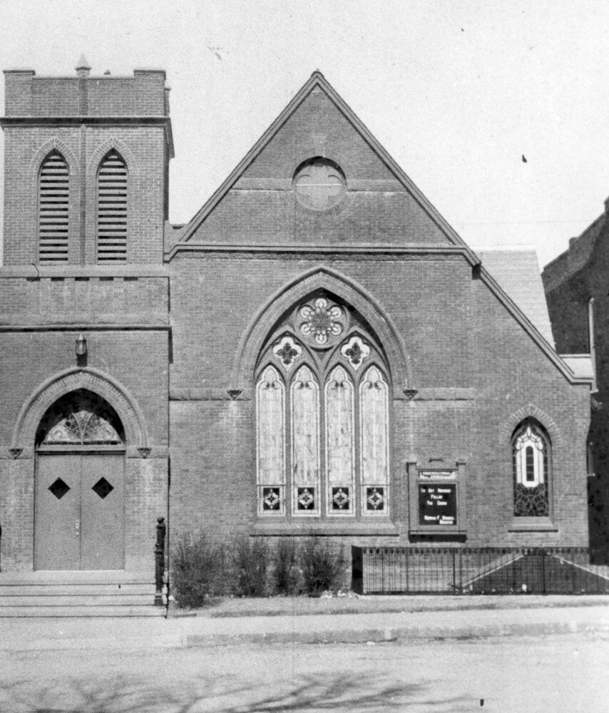 A brick church building.