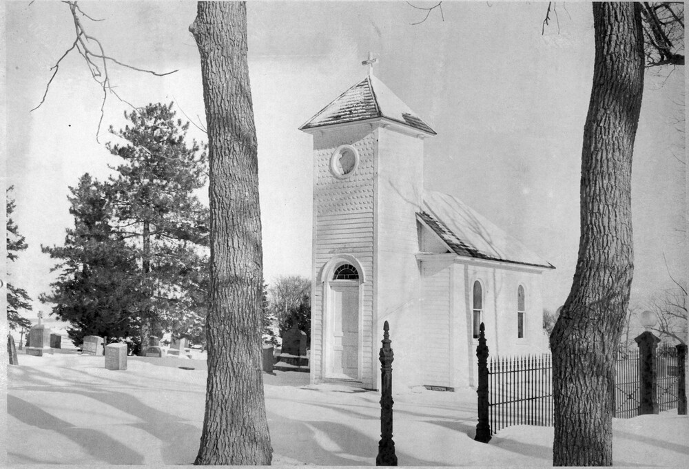 Small chapel building with steeple, in cemetery