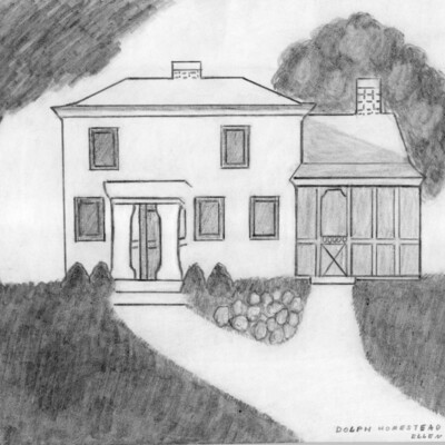 pencil drawing of a two story house, with sidewalk, grass and bushes in front