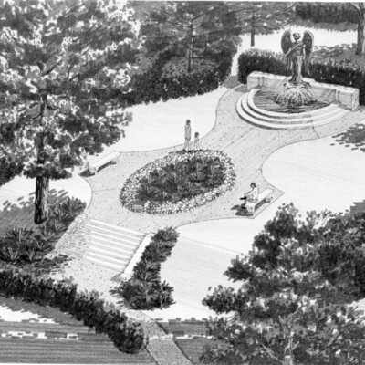 artist's rendering of park-like area around a large statue of an angel