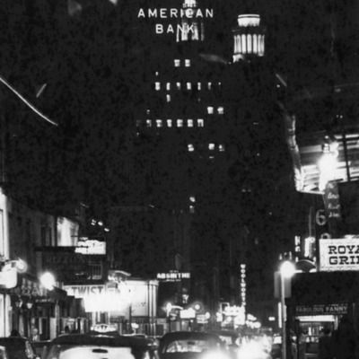 Nighttime street scene.