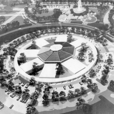 Artist's concept, aerial view, of wheel-shaped building