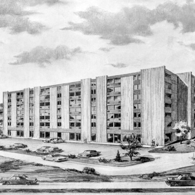 Sketch of a large apartment building.