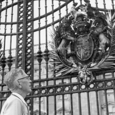 Man viewing an ornate gate.
