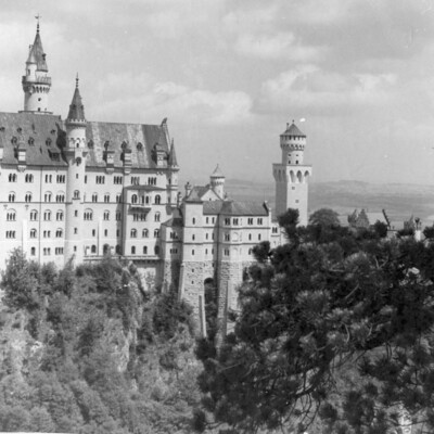 A large castle with trees in the foreground.