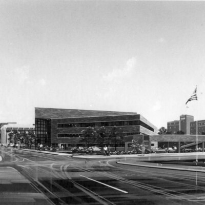 drawing of modern building surround by other city buildings, and street intersection