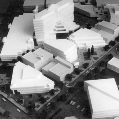 Scale model of multiple building in a city setting