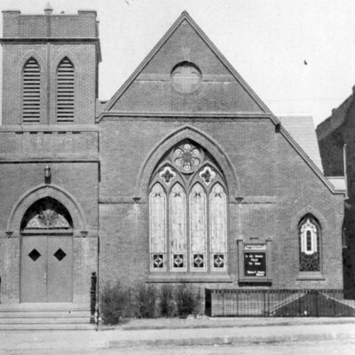 A brick church building.